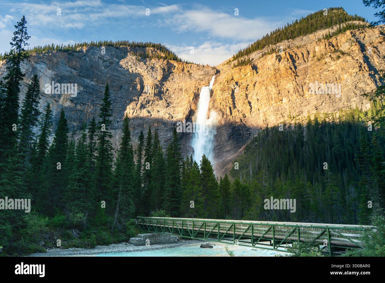 Atemberaubender Wasserfall, der einen felsigen Berg hinunterstürzt und den Fluss darunter überbrückt. Takakkaw Falls, BC Stockfoto