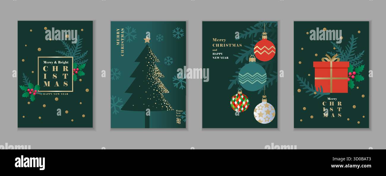 Frohe Weihnachten und Happy New Year 2026 Grußkarten-Set. Modernes Design mit Weihnachtskugeln, Baumzweig, Geschenk und Schneeflocke. Trendige Vektorkarte Stock Vektor