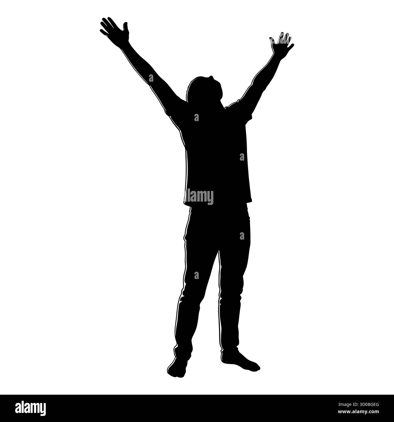 Silhouette eines männlichen, der Arme hebt, als Ausdruck von Freude und Freiheit. Stock Vektor