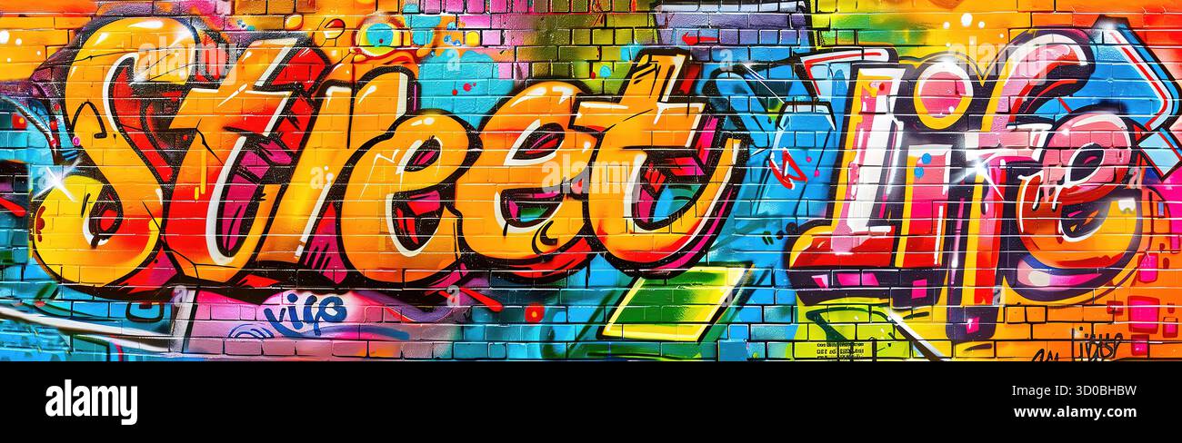 Illustration von farbenfrohen Graffiti an einer Ziegelwand. Stockfoto