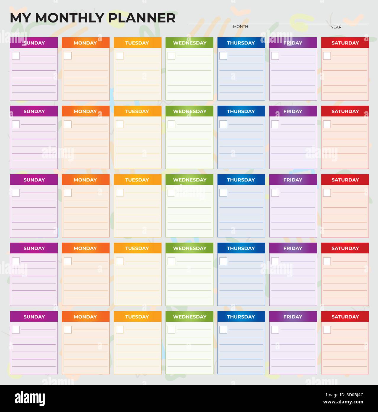 Bunte Monatsplaner-Vorlage – Druckbares Kalender-Organizer-Layout – Vektordesign Stock Vektor