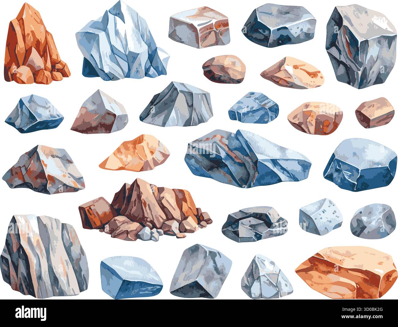 Sammlung von Aquarell gemalten Vektor verschiedene Steine und Mineralien, die jeweils auf weiß isoliert sind Stock Vektor