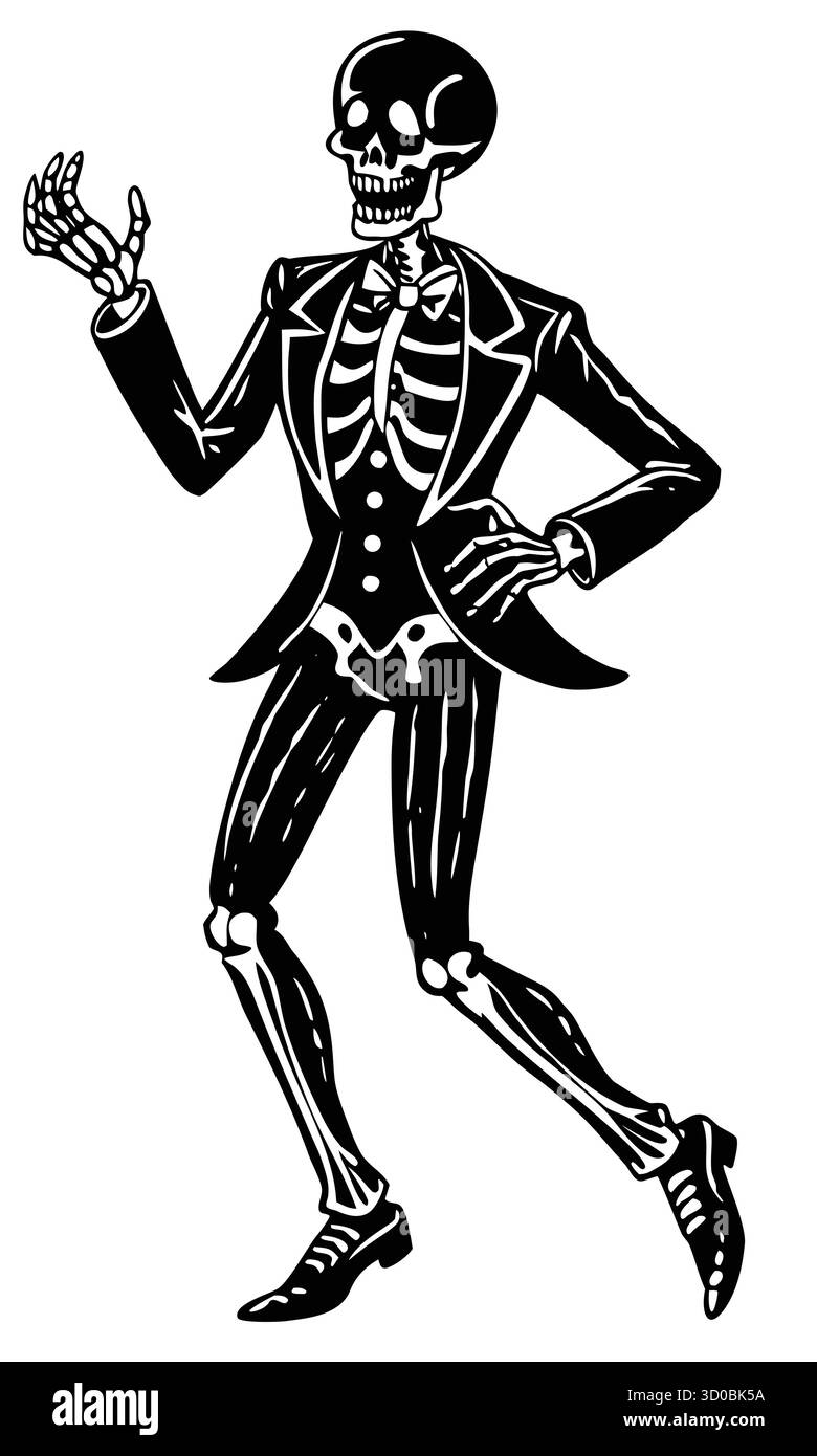 Tanzende Skelett-Silhouette im Vintage-Halloween-Stil, gruselige festliche Knochenfiguren tanzen. Vektorabbildung Stock Vektor