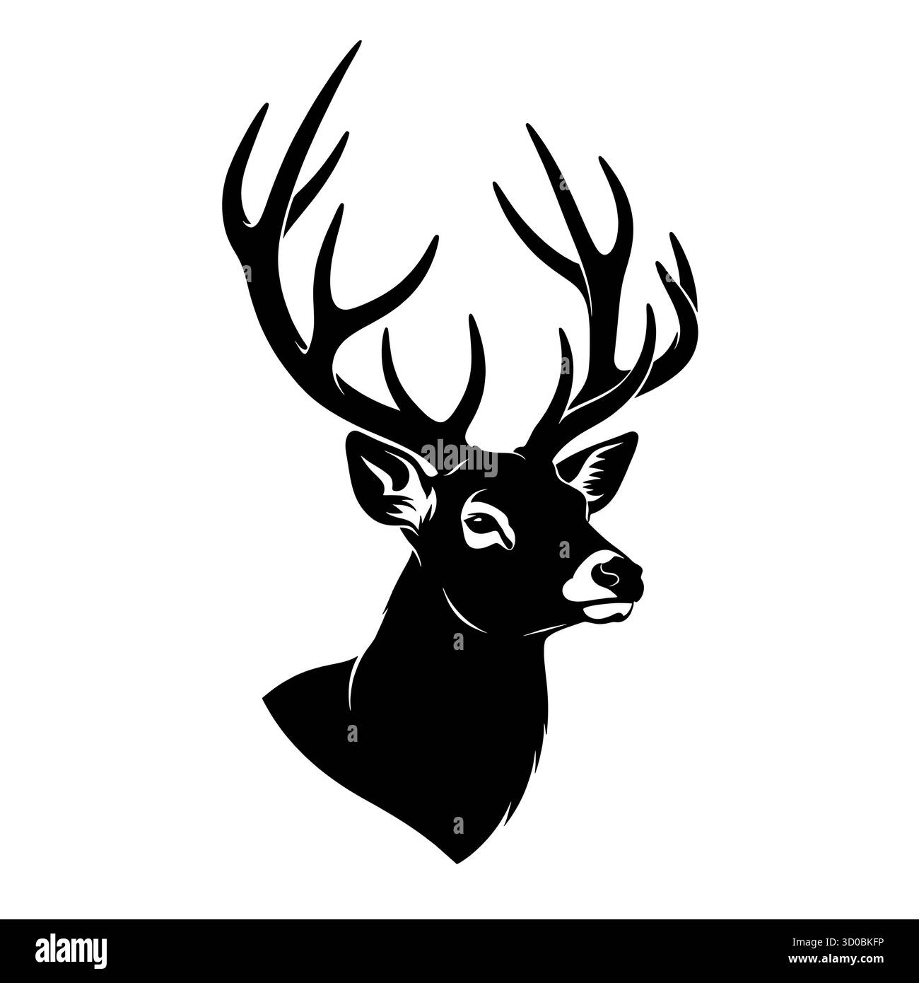 Schwarze Silhouette von majestätischem Bock mit großen Geweihen auf weißem Hintergrund. Stock Vektor