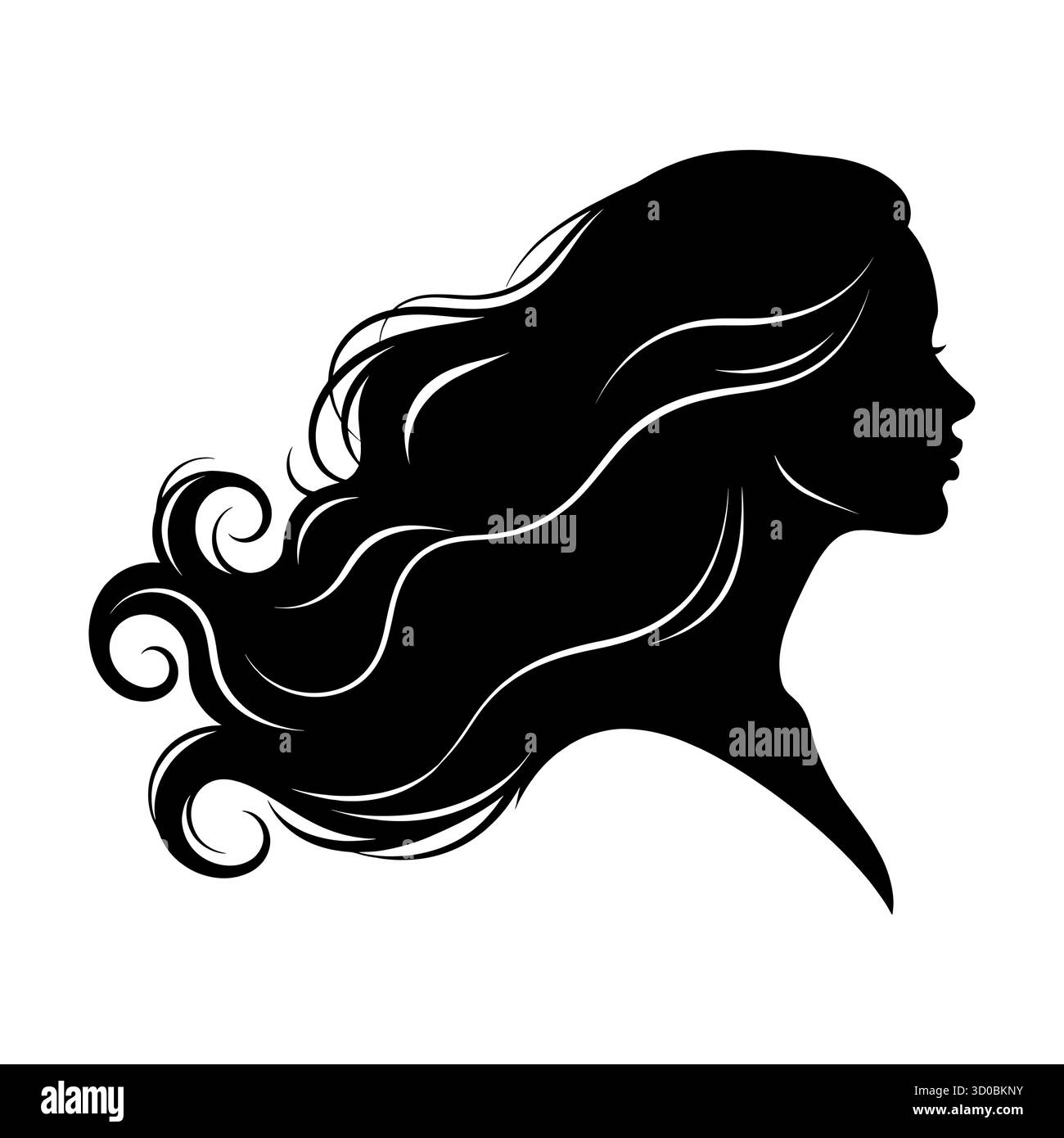 Silhouette einer Frau mit fließendem Haar in Profilansicht. Stock Vektor