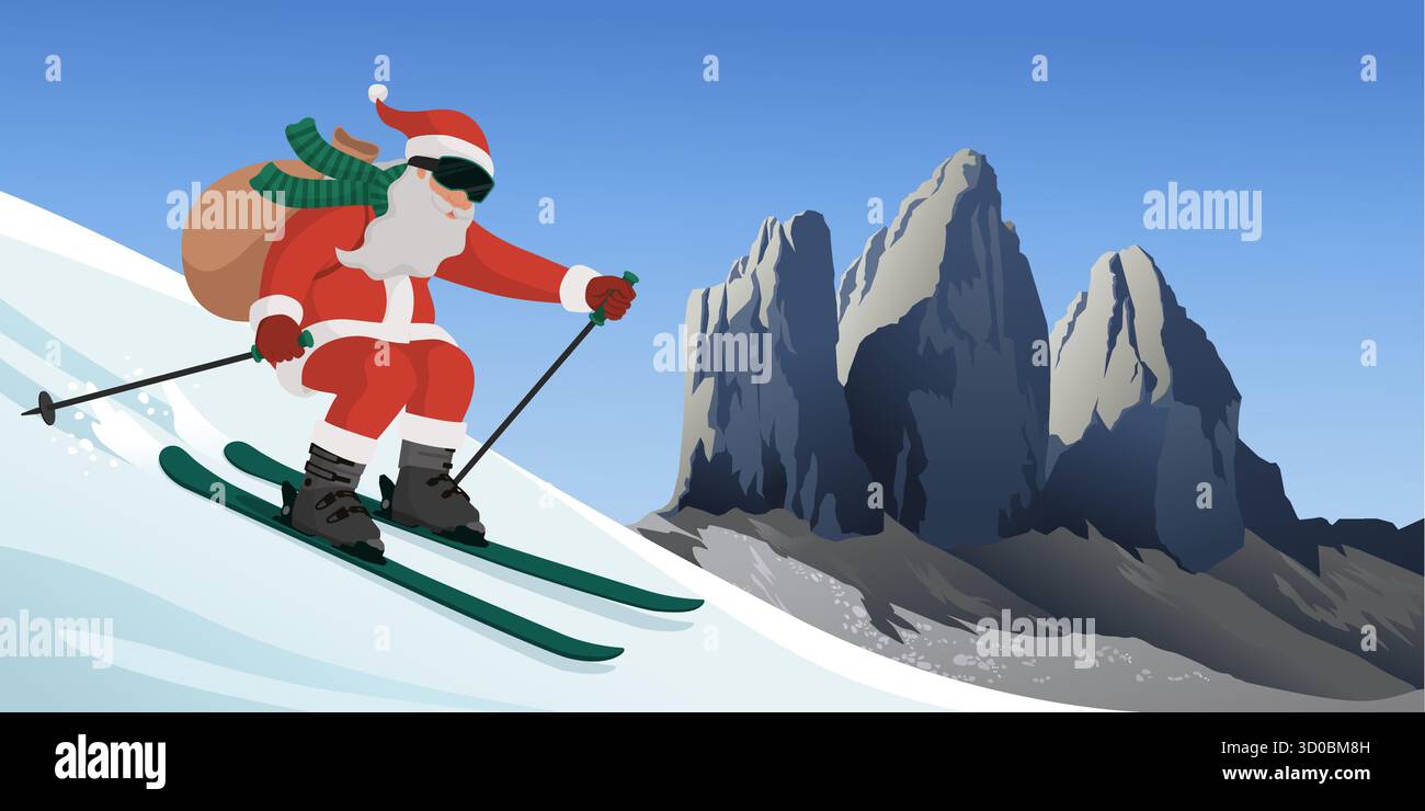 Glücklicher Weihnachtsmann mit Weihnachtsgeschenken und Skifahren auf den Dolomiten, Tre cime di Lavaredo im Hintergrund Stock Vektor