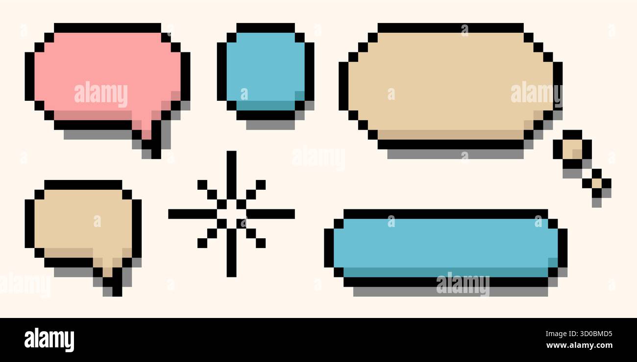 Set aus niedlichen pastellfarbenen Pixelblasen mit Text- und Denkrahmen. 8-Bit-Dialogfelder im Retro-Stil, Comic Message Clouds für mobile Apps, Vintage-Spiele Stock Vektor