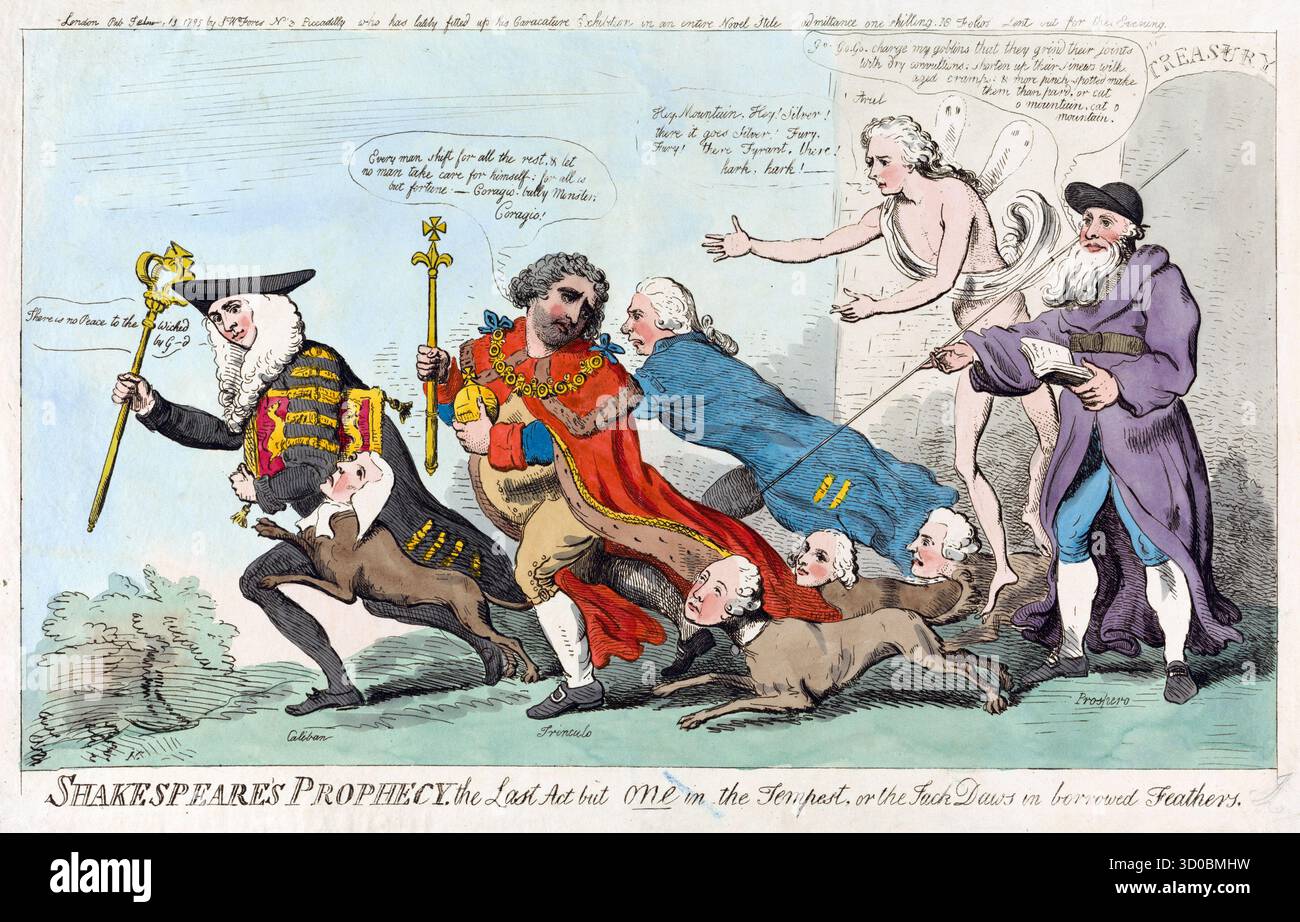 Politische Satire aus der georgianischen Ära des 18. Jahrhunderts von Isaac Cruikshank, Shakespears prophezeien den letzten Akt im Sturm, 1795 Vintage antike Druckkunst handkolorierte Gravur literarisches Thema für soziale Kommentare Stockfoto