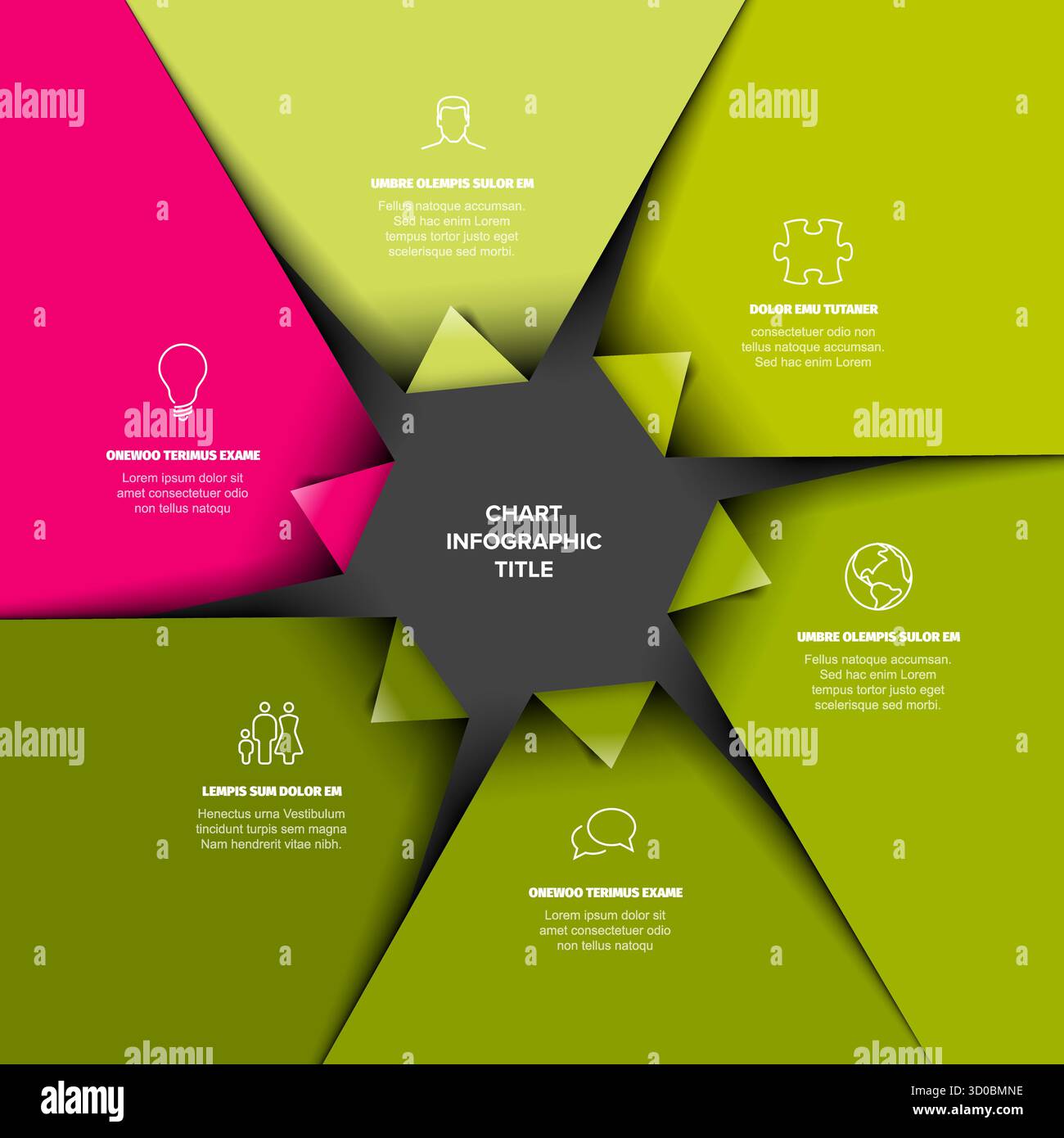 Eine abstrakte Infografik mit einem Diagrammtitel und Textplatzhaltern in grünen und rosa geometrischen Formen. Dieses moderne Infografik-Design zeigt Mult Stock Vektor