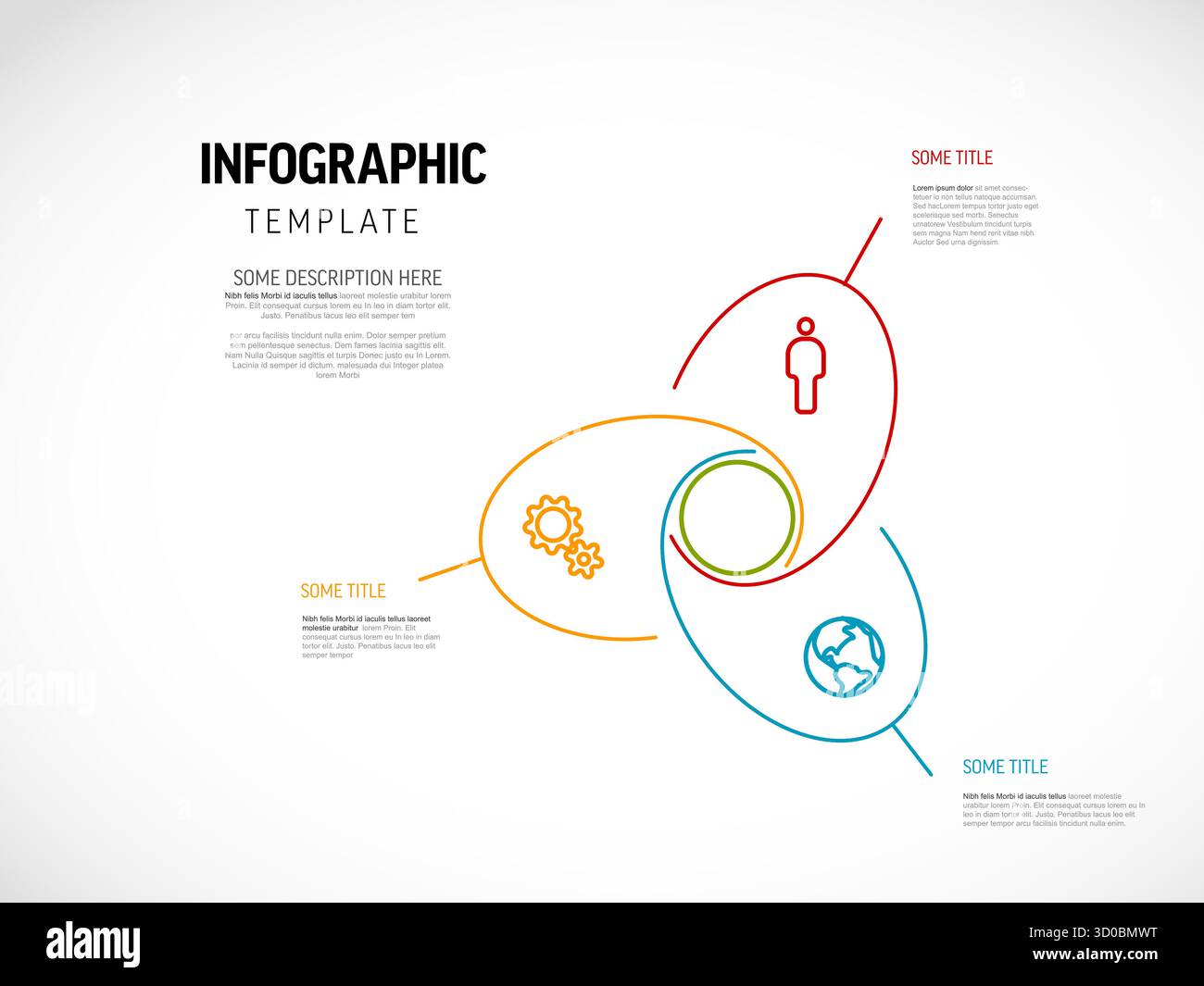 Minimalistische Infografik-Vorlage mit drei miteinander verbundenen Elementen mit Symbolen für Person, Zahnräder und den Globus. Dieses minimalistische Infografik-Design ist Stock Vektor