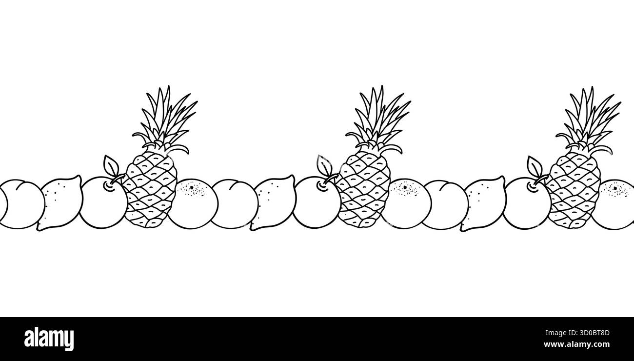 Nahtlose Koodle-Frucht-Grenze mit Ananas, Zitronen, Orangen, Äpfeln und Pfirsichen. Tropisches Vektormuster für Sommerdekoration. Stock Vektor