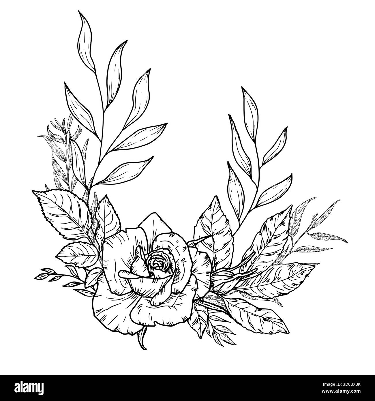 Ein Blumenstrauß aus Rosen mit Zweigen und Blättern, eine schwarz-weiße Skizze. Vektorabbildung. Blumengestell, Ecke, isoliert auf weißem Hintergrund. Gracefu Stock Vektor