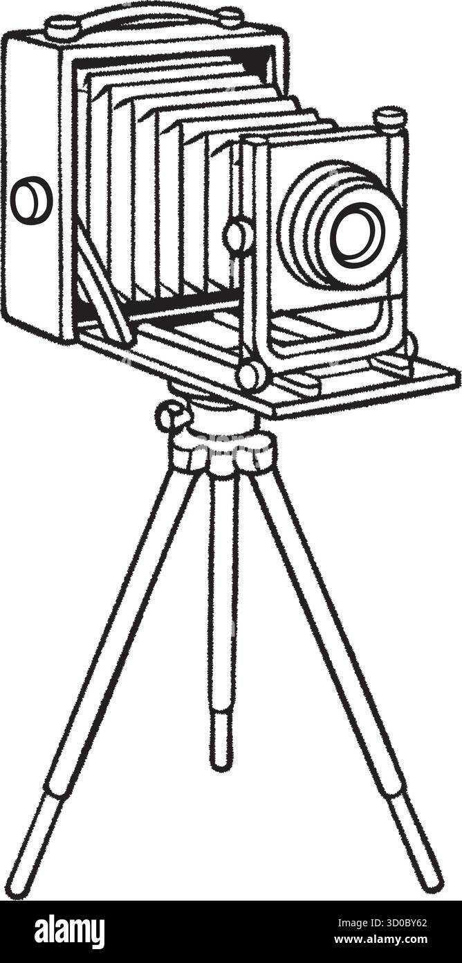 Eine großformatige Kamera mit Akkordeonbalg sitzt auf einem dreibeinigen Ständer und ist bereit für Fotografien Stock Vektor