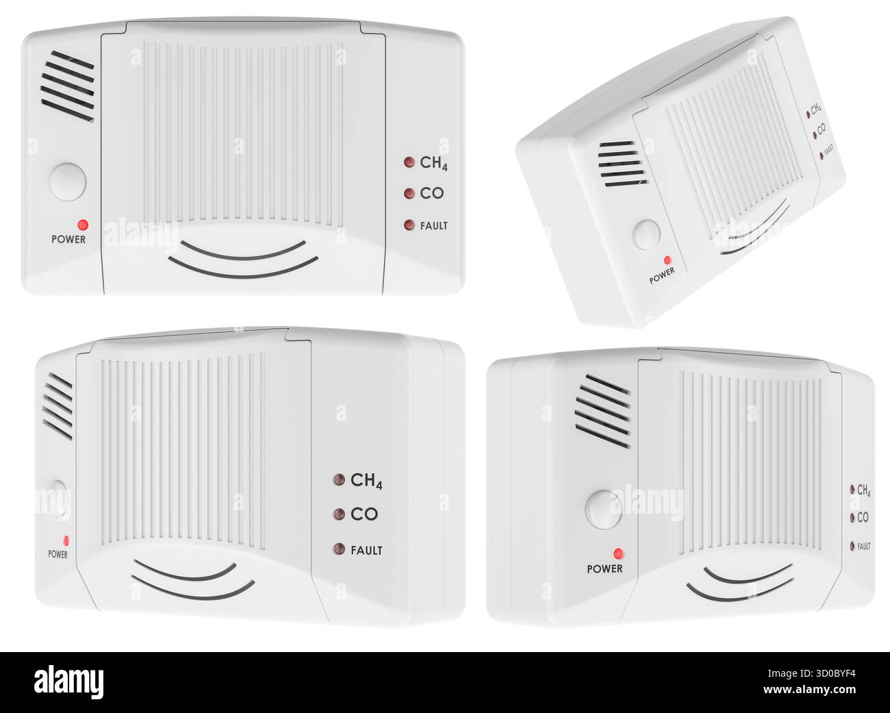 Methan- und Kohlenmonoxidgasdetektor, aus mehreren Winkeln dargestellt. 3D-Rendering isoliert auf weißem Hintergrund Stockfoto