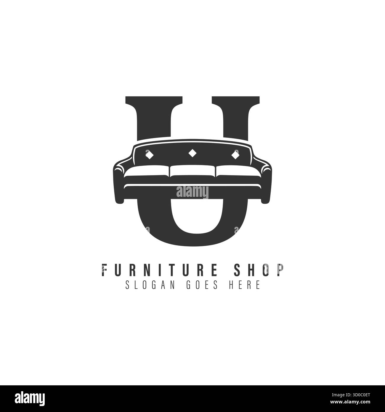 Design mit „U“-Sofa-Logo. Symbol für Möbel mit Buchstabe U Stock Vektor