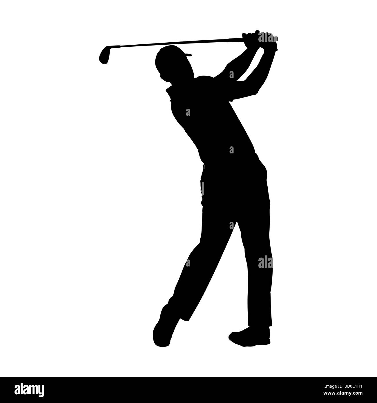 Silhouette eines männlichen Golfers in Schwingstellung isoliert auf weißem Hintergrund. Stock Vektor