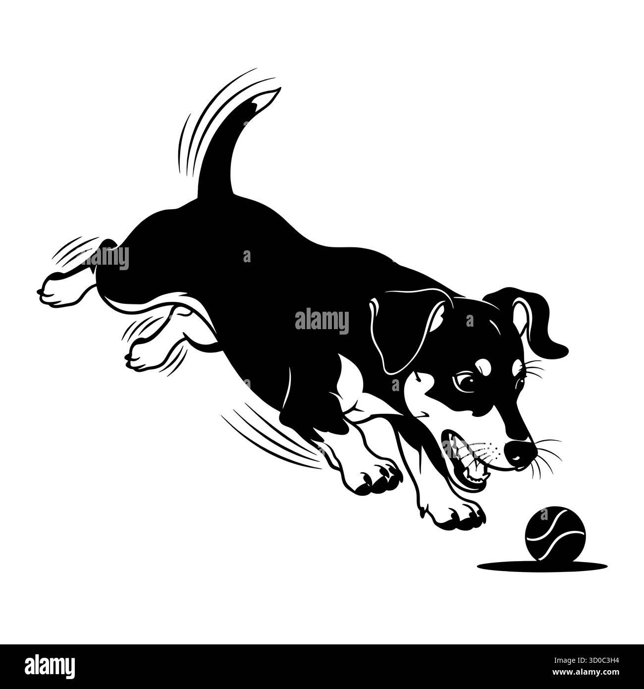 Energiegeladener Hund, der für einen Ball in schwarz-weiß-Illustration springt. Stock Vektor