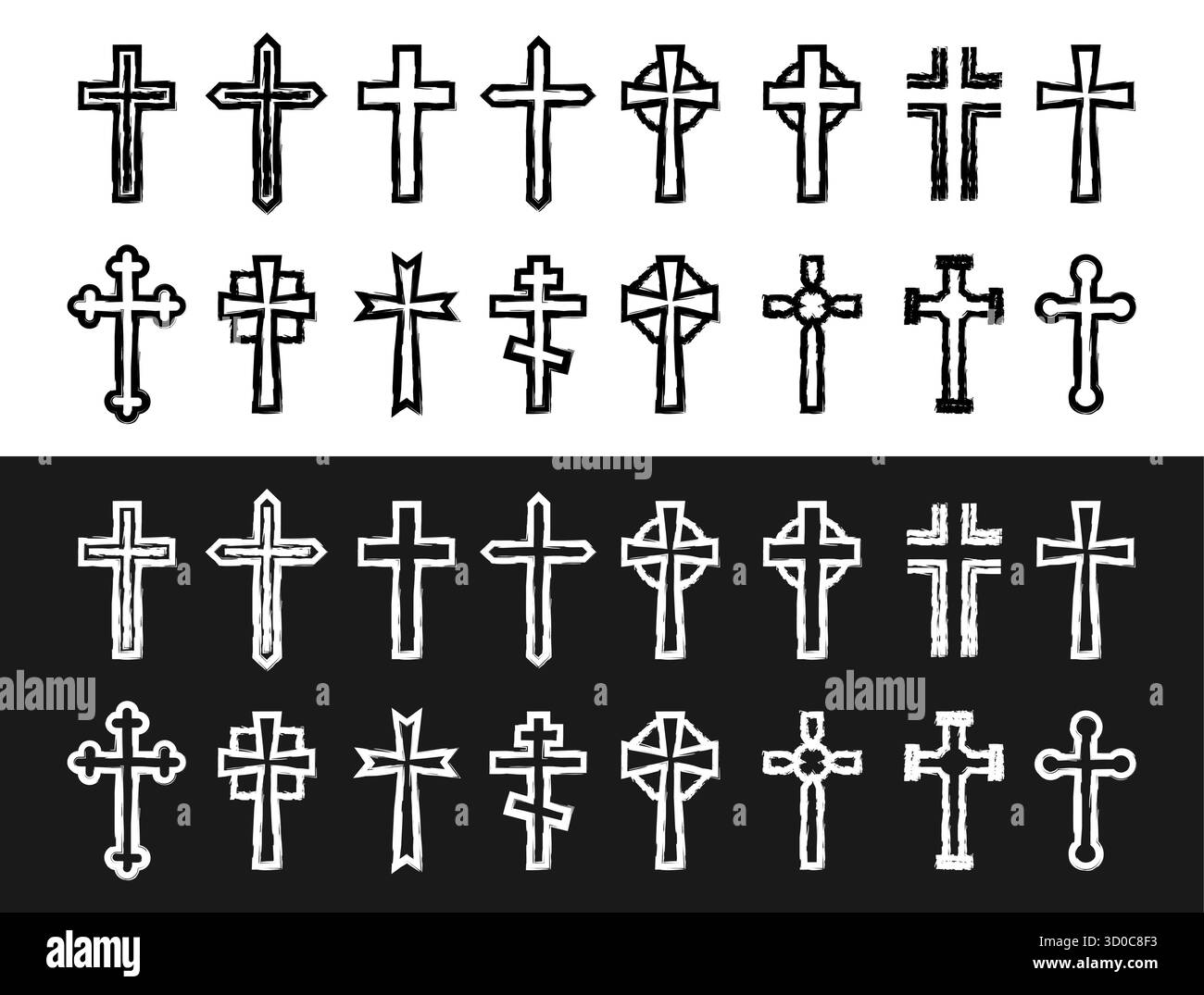 Christliche Kreuzsymbole mit religiöser Ikonographie Stock Vektor