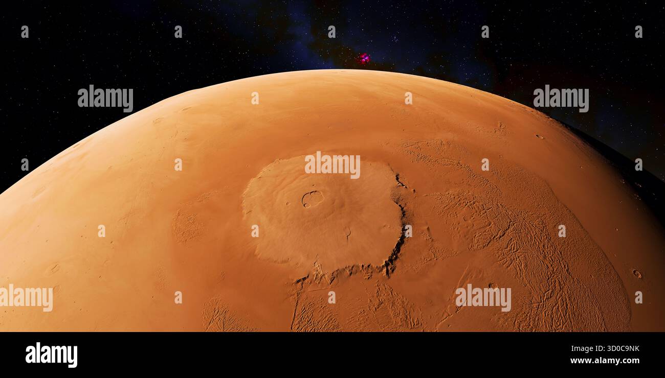 Der Olympus Mons von Mar ist der größte Vulkan des Sonnensystems. Der massive Marsberg ragt hoch über den umliegenden Ebenen des roten Planeten Stockfoto