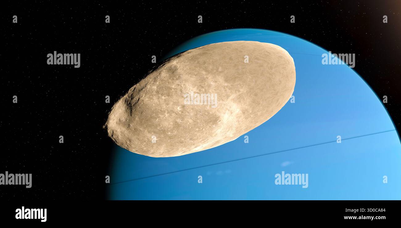 Thalassa ist ungewöhnlich für einen unregelmäßigen Mond, weil er grob scheibenförmig ist. Stockfoto