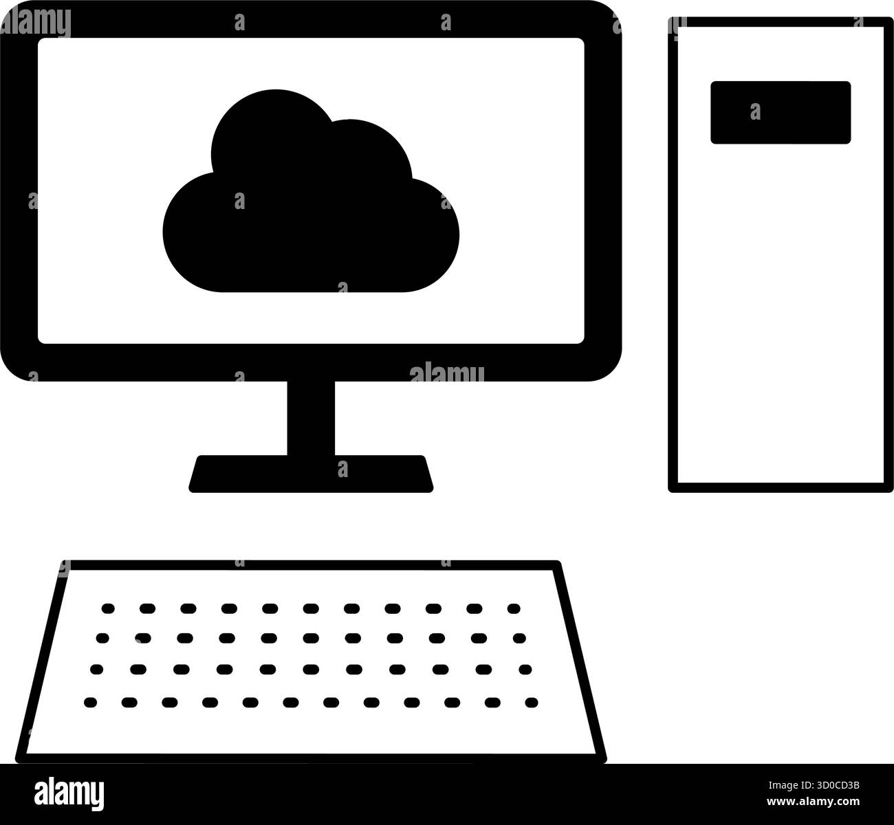 Desktop-PC verbunden mit Cloud Line Symbol mit Cloud und Desktop-Computer, Schwarzweiß, Vektorillustration Stock Vektor