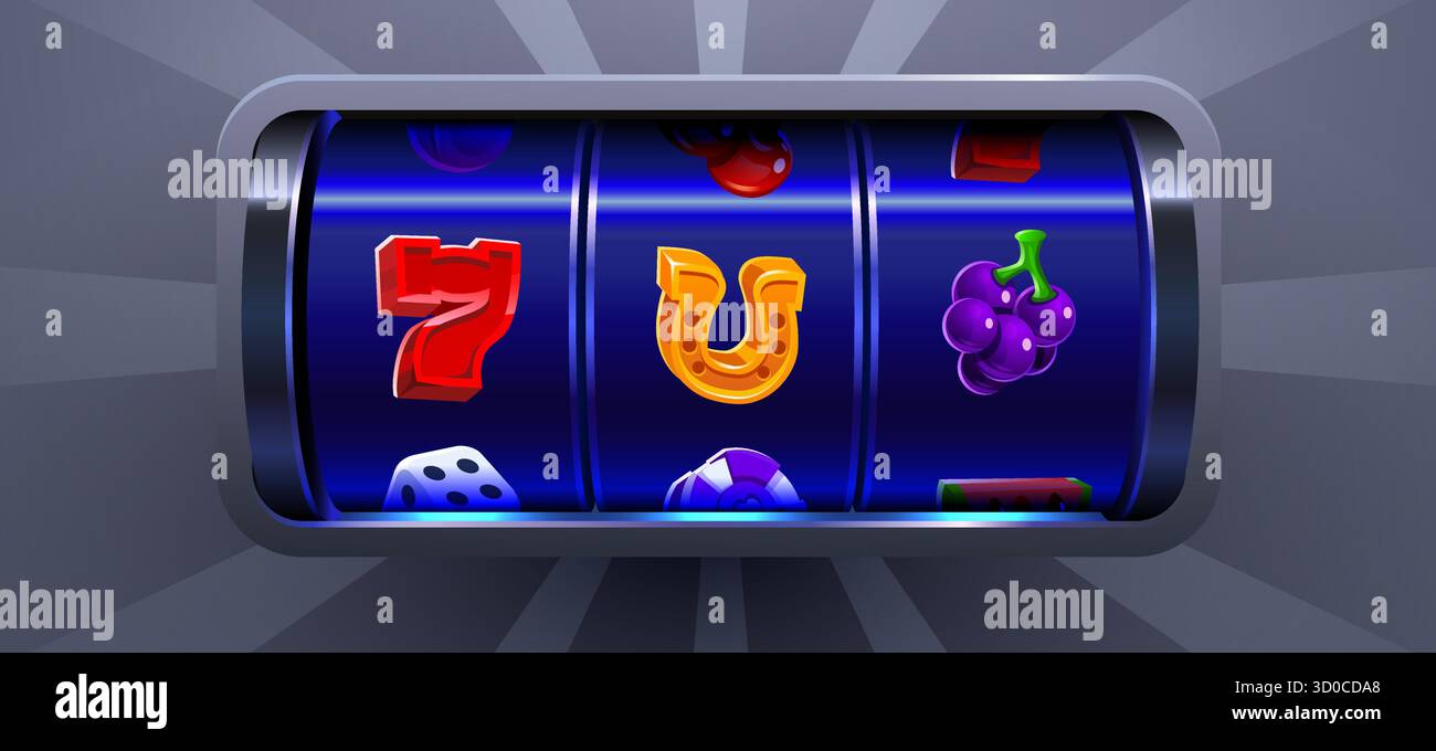 Klassische Spielautomaten-Rollen mit Glückssymbolen. Eine lebendige Illustration, die die Spannung des Casinospiels zeigt. Vektorabbildung. Stock Vektor