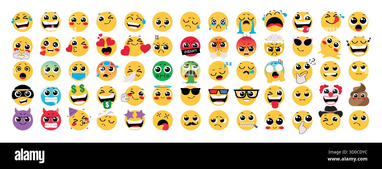 Emoji-Symbol Clipart Set. Gelbe Emojis-Charakterclip-Art mit süßer, glücklicher, trauriger, weinender Herzhand, verliebt, mag ich dich, wütend und alberne Gesichts-Emoji Stock Vektor