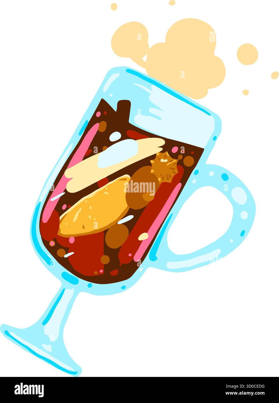 Vektor-Illustration von Glühwein mit Zimtstab und Orangenscheibe in einer Glasschale. Handgezeichnetes heißes Wintergetränk isoliert auf weißem Hintergrund Stock Vektor