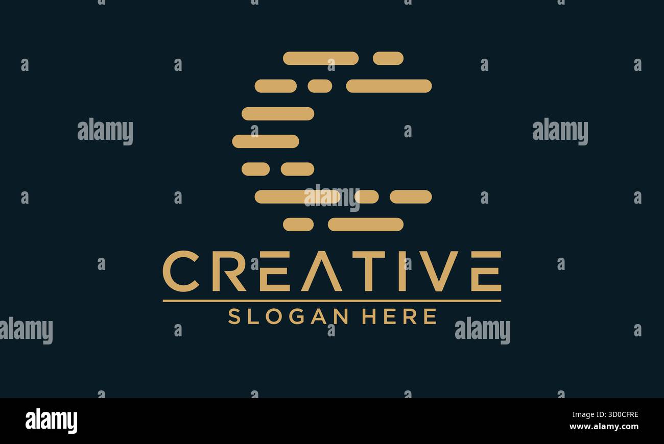 Ein elegantes Vektor-Logo mit dem Buchstaben C, bestehend aus einem kreativen Muster aus Punkten und Linien, präsentiert auf einem marineblauen Hintergrund. Diese Versati Stock Vektor