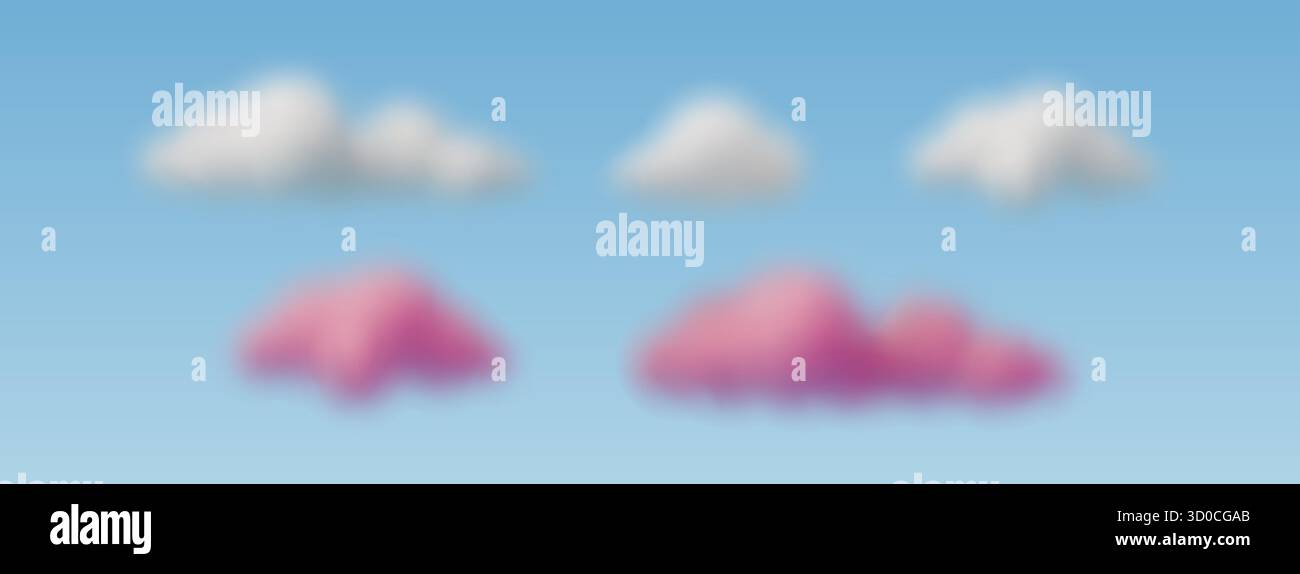 Flauschige 3D-Wolken in weißen und rosa Farben, isoliert auf dem Himmelhintergrund. Niedliche, traumhafte Pastellelemente, weiche Baumwollformen für Fantasie und Dekoration Stock Vektor