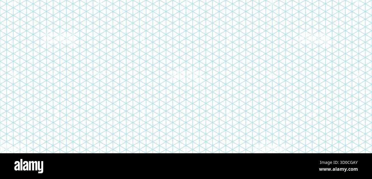 Blaues nahtloses isometrisches Rasterpapier. Dreieckiges Muster mit Punktmuster. Hintergrund für Diagrammführer für Engineering, Architekt, technische Zeichnung. Vektorliniertes Lineal Blattvorlage Stock Vektor