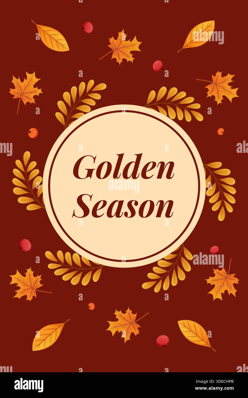 Herbstillustration mit leuchtenden Blättern und einem kreisrunden Textbereich, die die Schönheit der goldenen Jahreszeit feiert Stock Vektor