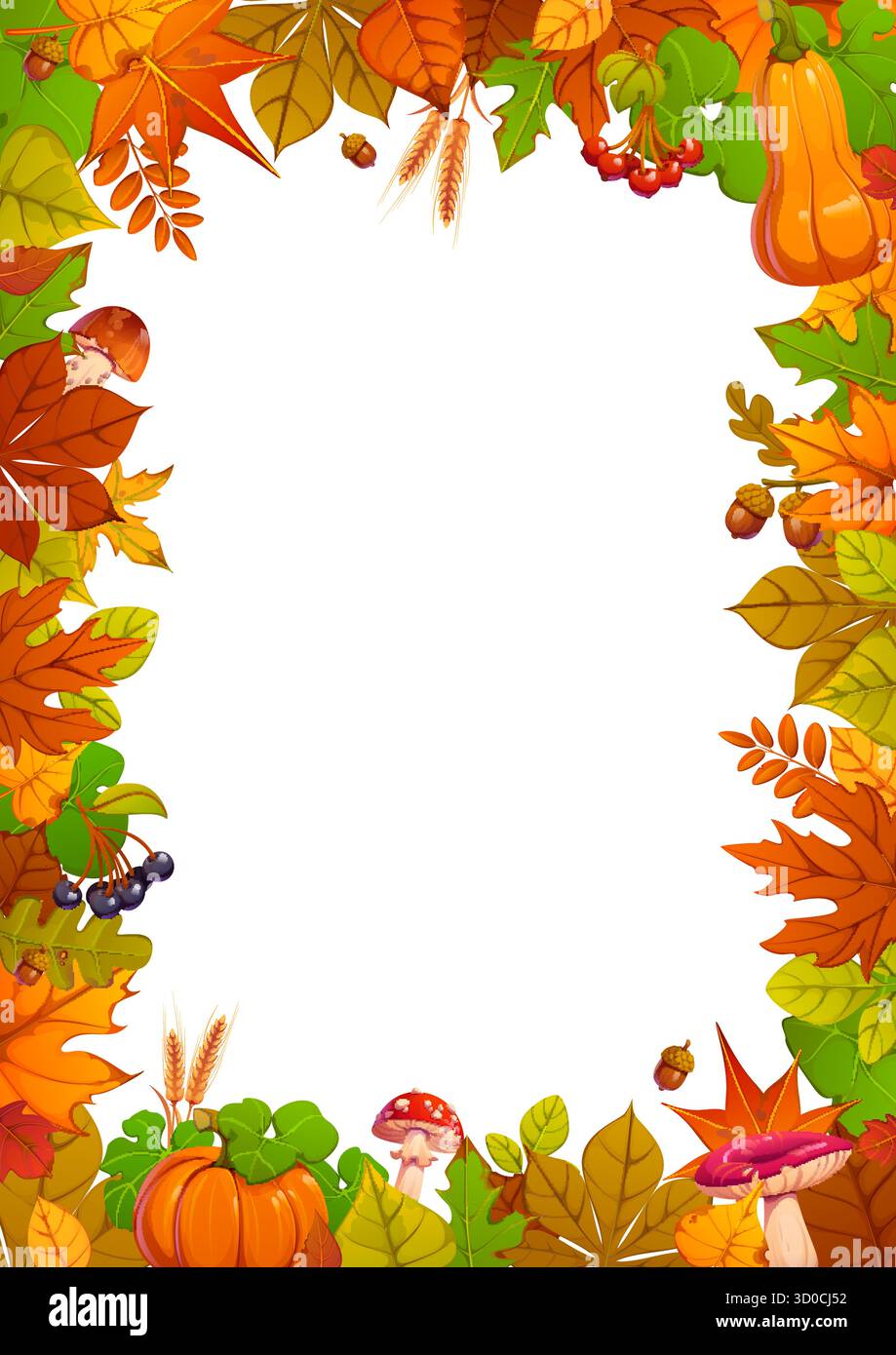 Happy Thanksgiving Rahmen mit Kürbissen und Herbstblättern. Zeichentrickvektor vertikale leere saisonale Grenze zeigt lebhafte Blätter, festliche Ernte Kürbisse, Waldpilze, Eicheln, Beeren, Weizenohren Stock Vektor