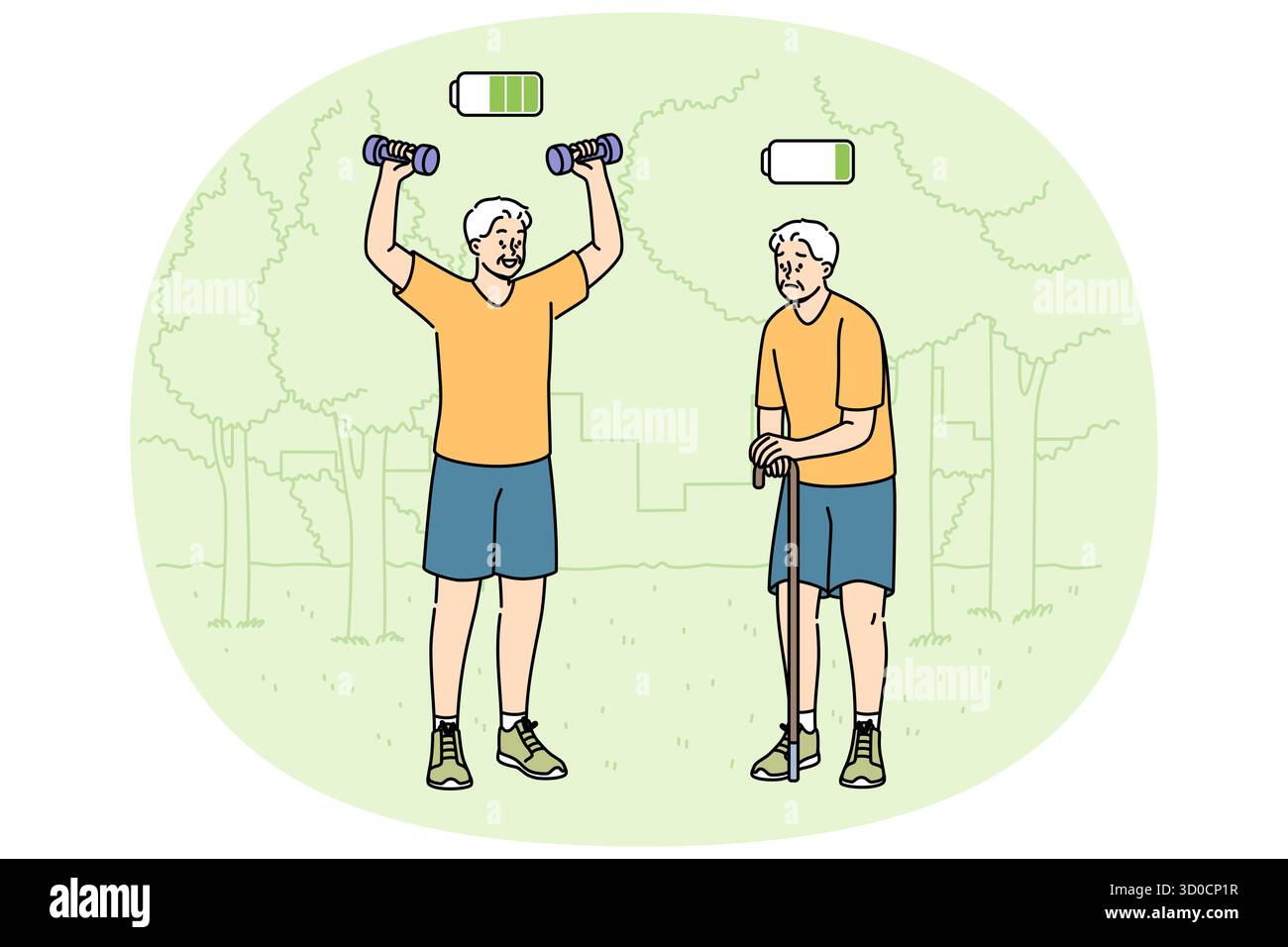 Ein älterer Mann spielt Sport im Park und spürt Energie und steht neben einem lethargischen Freund. Vergleich zwischen sportlich tätigem Rentner und Kraftmangel im Alter Stock Vektor