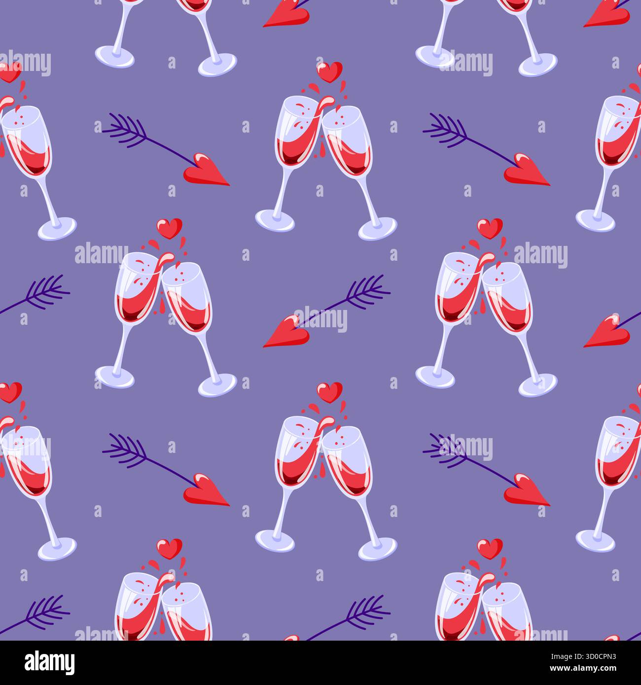 Nahtloses Muster mit Weinglas, rotem Herz und Pfeil auf violettem Hintergrund, das Liebesromantik und Feier symbolisiert. Perfekt für valentinstag und Stock Vektor