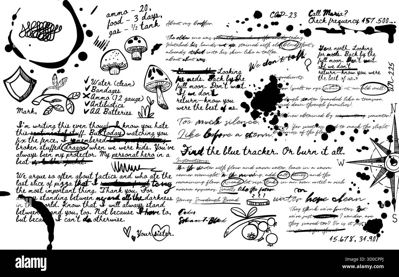 Schreiben Sie handschriftlich ein Scribble-Tagebuch mit Textnotizen, Pilzkritzeln, Tintenspritzern und durchgestrichenen Einträgen für das Design von Terminkalendern oder Planern. Unordentliches handschriftliches Denken mit botanischer Skizze. Persönliches Notebook Stock Vektor