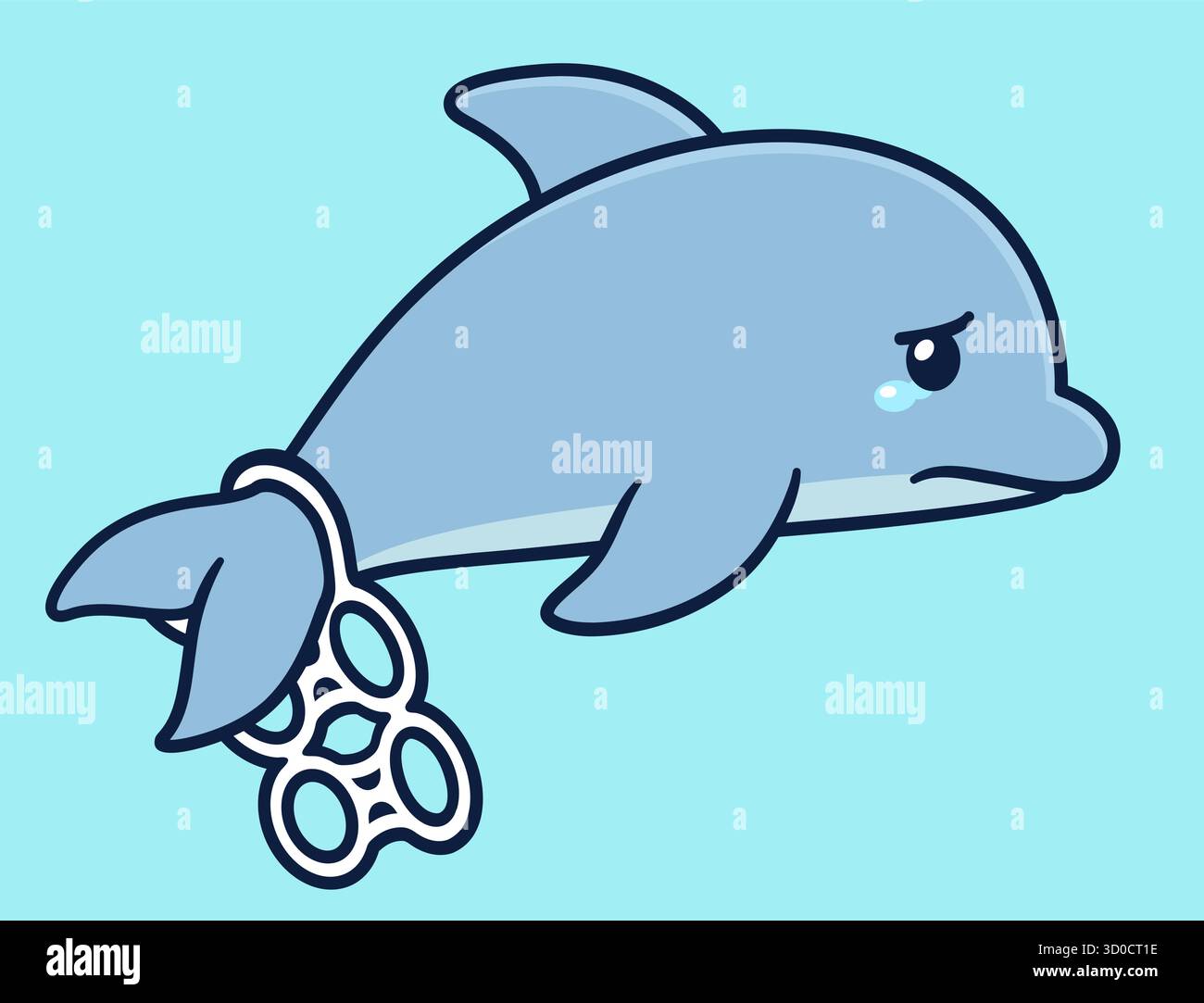 Trauriger Zeichentrickdolfin, der im Plastikmüll feststeckt. Meeresverschmutzung und Ökologie Illustration, Vektorgrafik. Stock Vektor