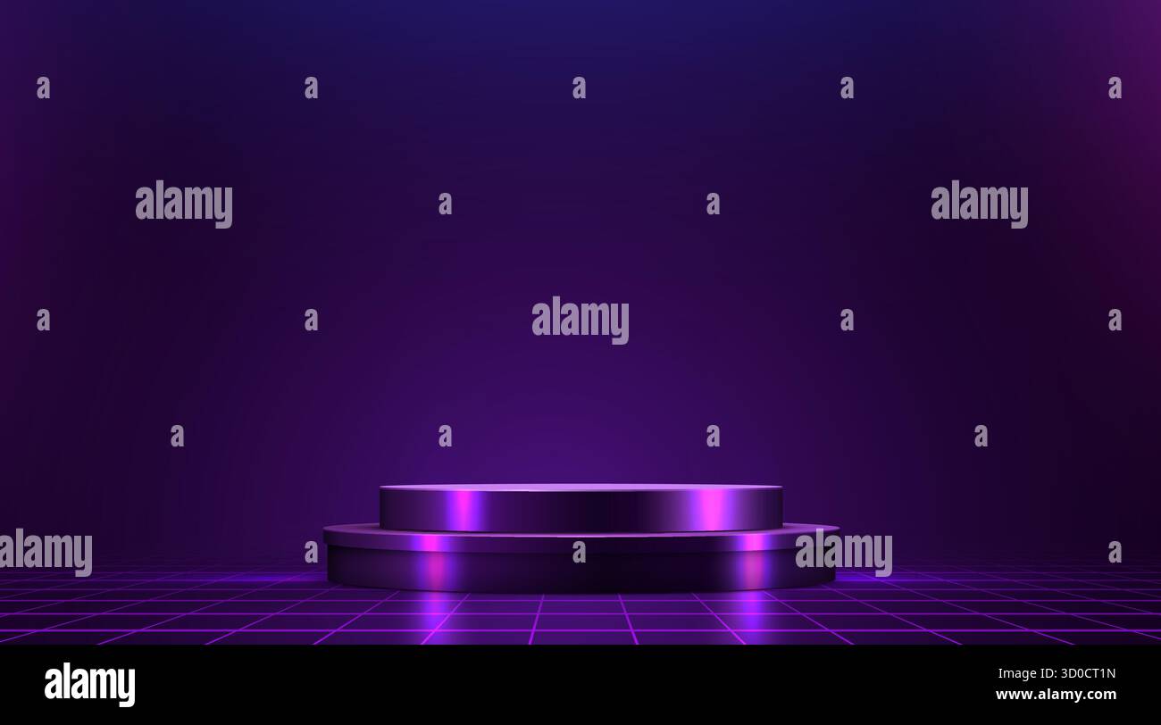 Futuristisches lila Podium auf Neonraster. Präsentieren Sie Produkte oder verwenden Sie sie als lebendigen Hintergrund. Vektorabbildung. Stock Vektor