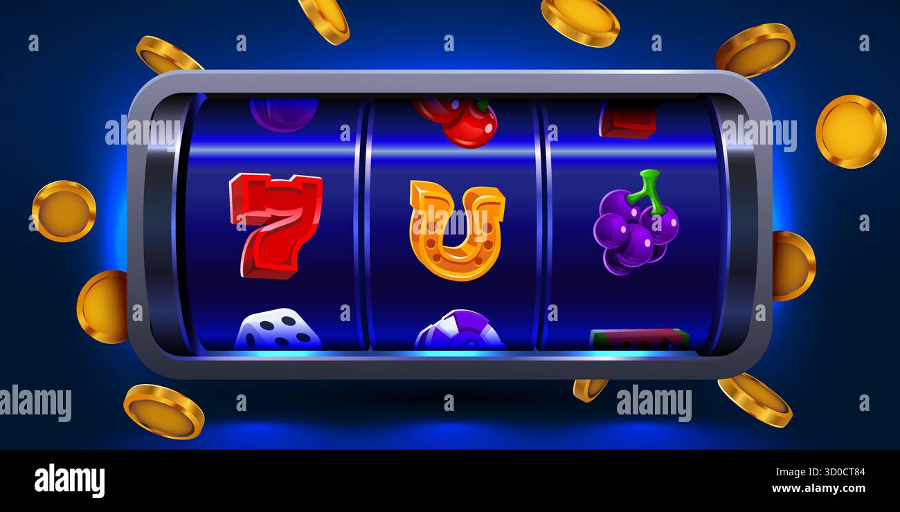 Glücksspielautomat mit goldenen Münzen auf blauem Hintergrund. Illustration des klassischen Casinospiels. Vektorabbildung. Stock Vektor