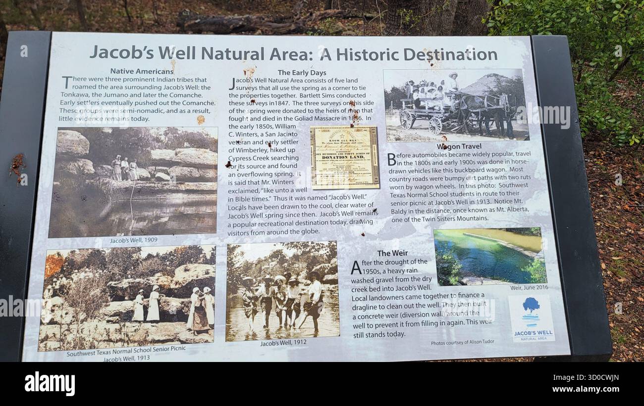 Auslegungsausschuss erklärt die Geschichte von Jakobs Brunnen, Wimberley Stockfoto