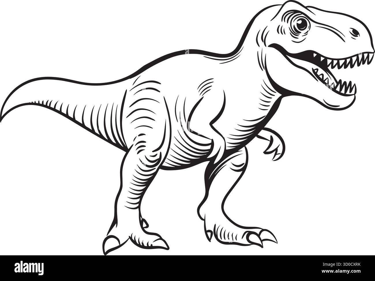 Schwarz-weiße Strichgrafik-Illustration des Tyrannosaurus Rex Dinosauriers mit offenem Mund und scharfen Zähnen, prähistorische Raubtierzeichnung für Malbuch. Stock Vektor