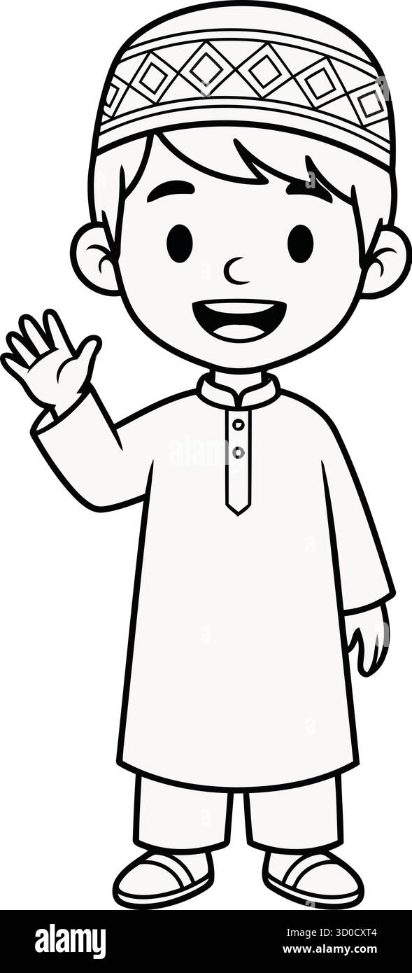 Schwarz-weiß-Cartoon von lächelndem Kind in traditioneller Kleidung – kulturelle Illustration mit Kappe und Tunika Stock Vektor Schwarz-weiß-Cartoon von lächelndem Kind in traditioneller Kleidung – kulturelle Illustration mit Kappe und Tunika Stock Vektor