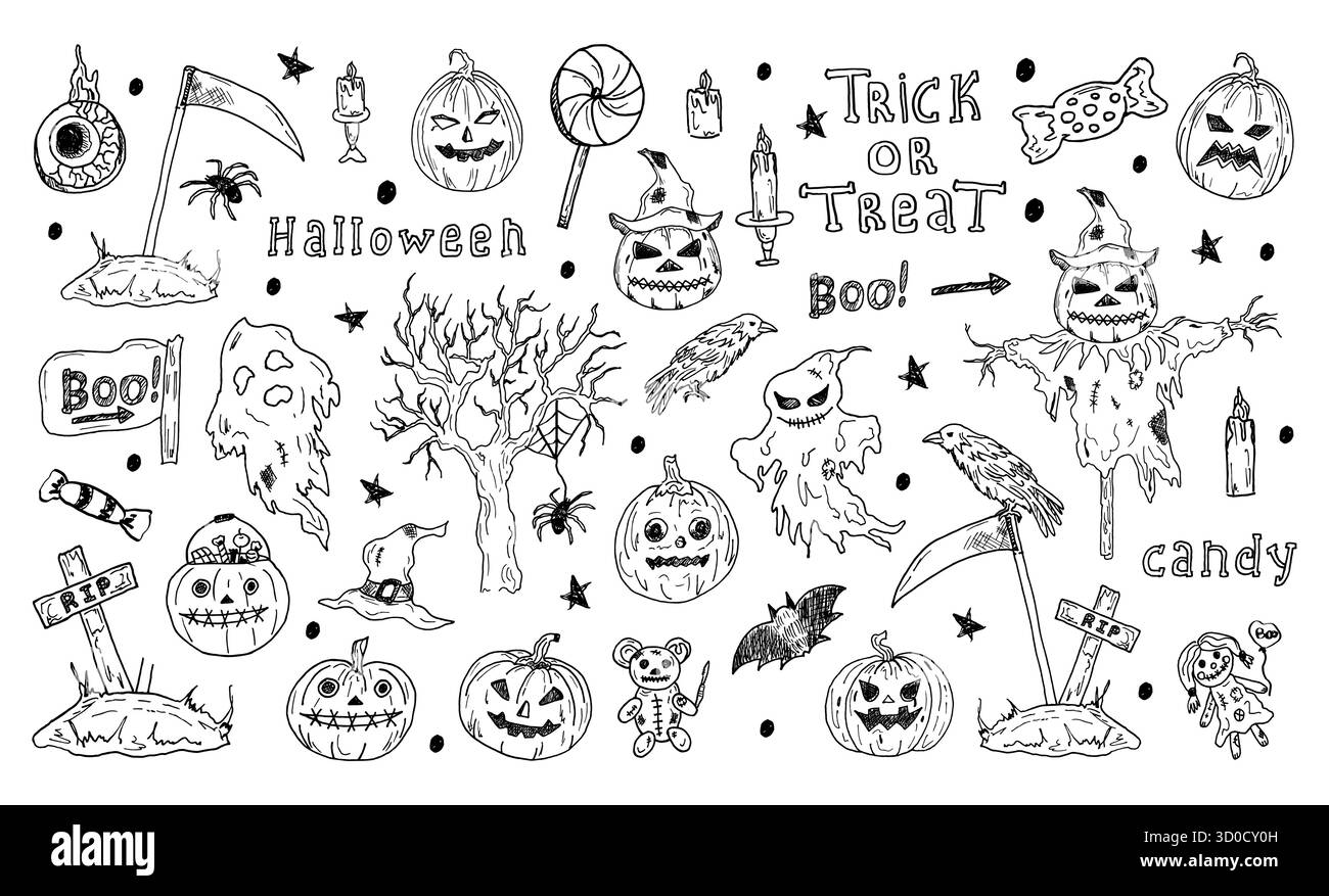 Ein großes Set an Elementen für Halloween-Design im Doodle-Stil. Handgezeichnete Illustrationen von Vogelscheuchen, Geistern und Kürbissen – gruselige Elemente für Halloween-Design Stock Vektor