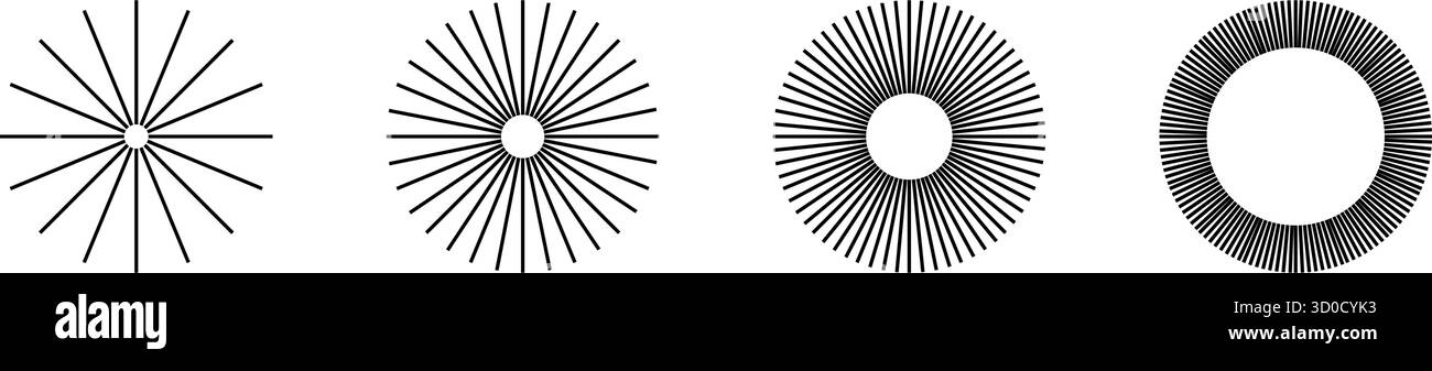 Gerade radiale Linien in kreisförmigen Formen. Set von Sonnenstrahlen-Symbolen. Sonnenschilder. Symbole für Strahlkraft, Spin, Explosion oder Feuerwerk auf weißem Hintergrund. Vektorgrafik. Stock Vektor