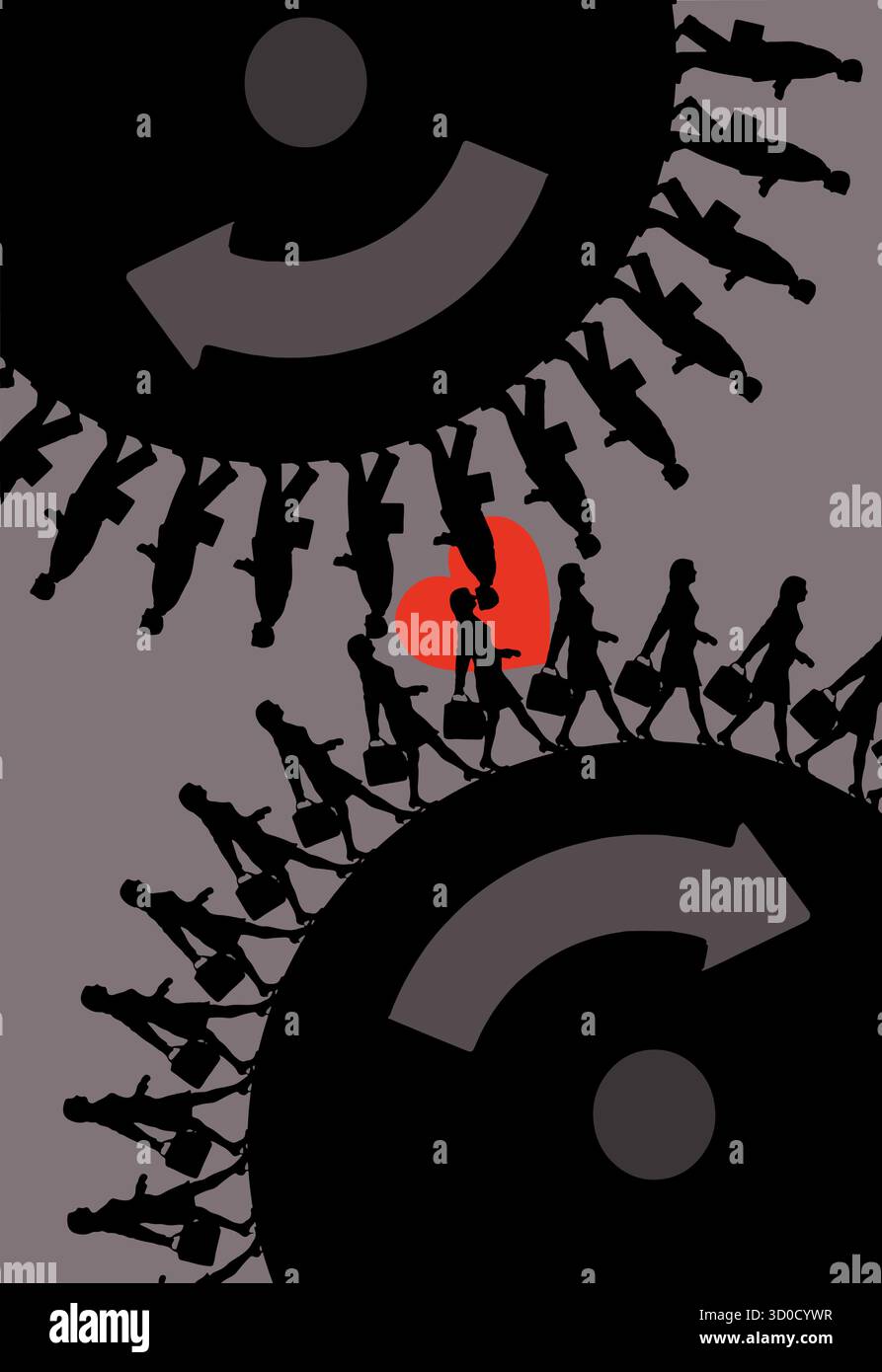 Die Leute sehen aus wie Zahnräder auf einem Zahnrad, wenn sie vorbeifahren und sich in einem Kreis der Liebe küssen. Stock Vektor