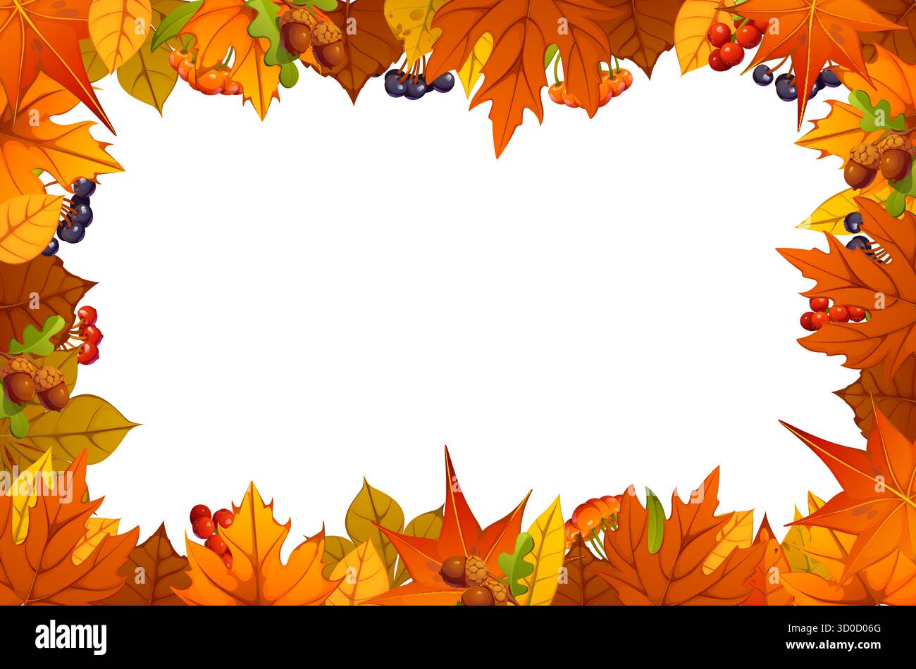 Erntedankfest und Herbstsaison lässt einen Ernterahmen mit bunten Herbstblättern, Beeren und Eicheln zu. Cartoon-Vektor-leere Grenze für saisonale Grüße, Einladungen oder festliche Herbstnachrichten Stock Vektor