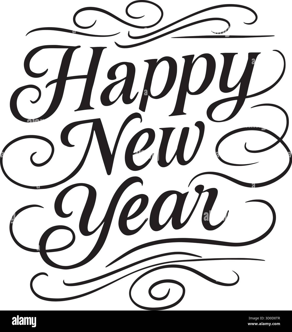 Vintage-verzierte Happy New Year-Schrift mit dekorativen Wirbeln und eleganter Kalligrafie, festlicher Schwarzweiß-Typografie für Weihnachtsgrußkarten Stock Vektor