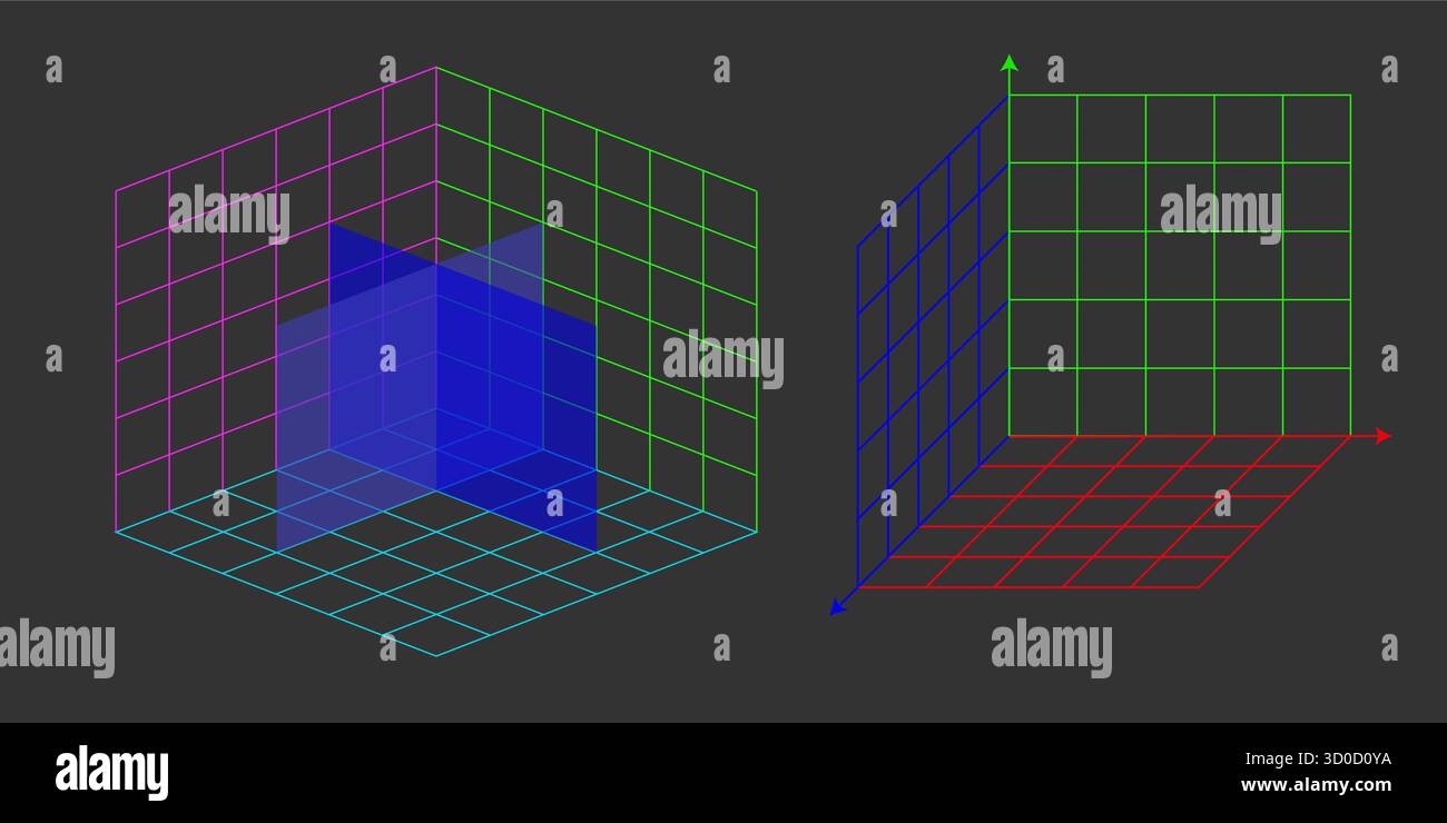 Dreidimensionales kartesisches Rasterlayout. 3D-Vektorkoordinatensystem mit X Y Z-Achsen und perspektivischen Linien. Abstrakte Geometriedarstellung Stock Vektor