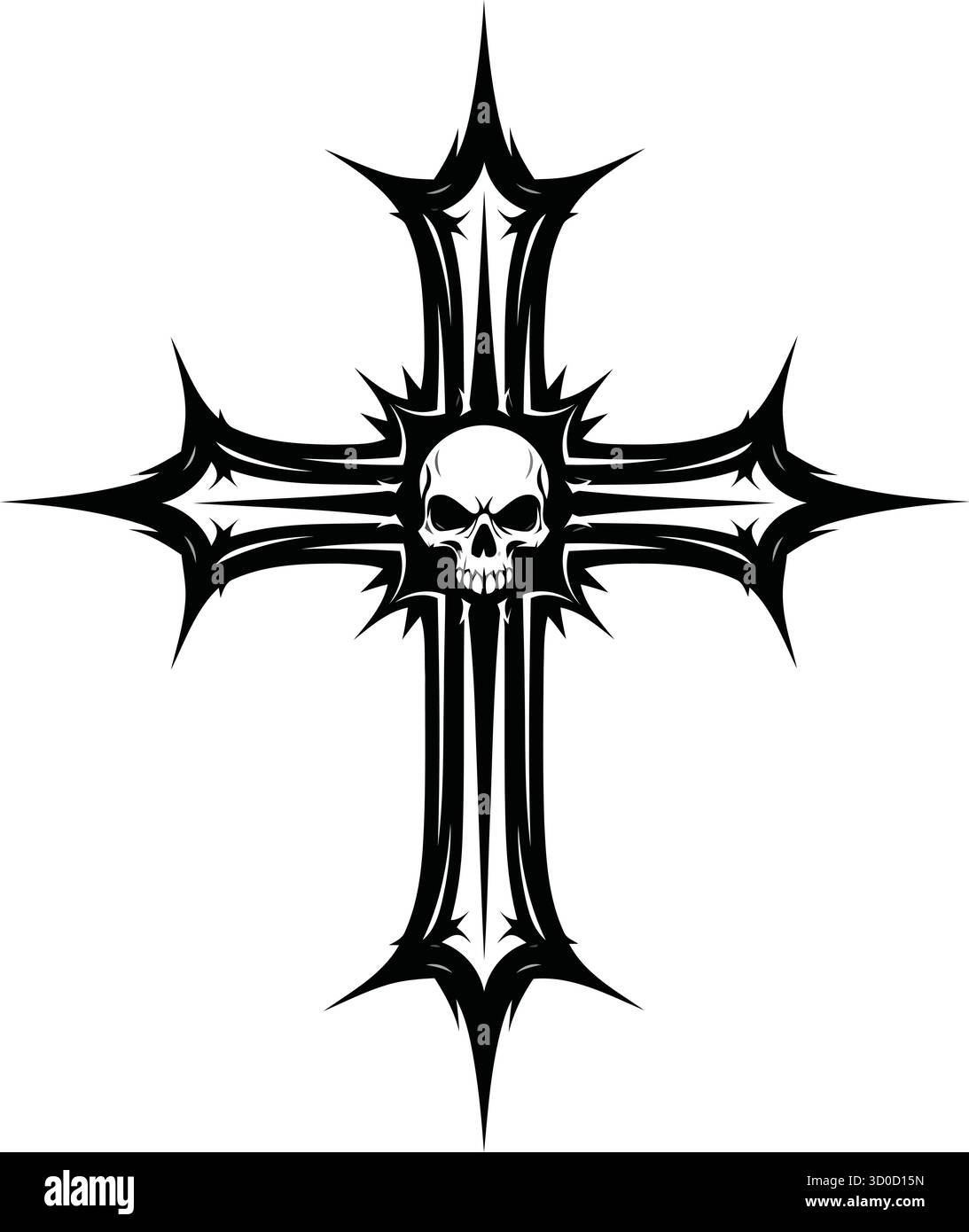 Gothic Skull Cross Symbol – dunkles religiöses Tattoo Design mit Flammenspitzen. Stock Vektor