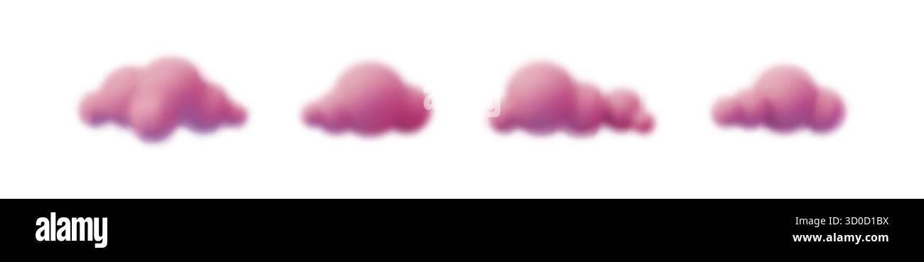 Pinkfarbene, flauschige 3D-Wolken, isoliert auf weißem Hintergrund. Weiche, traumhafte Formen in Pastellfarben, niedliche Elemente aus Baumwolle. Digitale Vektorabbildung für Stock Vektor